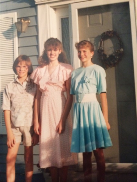 Sometime around diagnosis, sporting 80s fashion and hair. I'm in the middle, sister M is on the right, J is on the left.